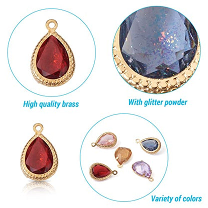Cheriswelry 48Pcs Teardrop Resin Rhinestone Pendants with Golden Tone Brass Settings Waterdrop Faceted Rhinestone Charms with Glitter Powder 17.5mm for DIY Necklace Earring - color: 0Mixed Color*12