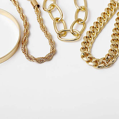 Dainty Boho Chain Bracelets Set for Women Adjustable Fashion Beaded Chunky Flat Cable Chain Punk Bracelets for Women Gift Set of 4 - color: Golden
