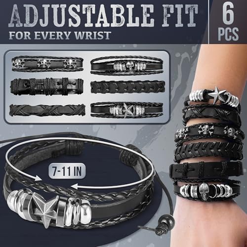 6 Pcs Leather Goth Bracelets, Adjustable 7-11 In, Skull and Star | Emo Bracelet Set, Gothic Faux Cuffs; Punk Rock Wristbands; Braided, Stackable; for Festivals, Alt Outfits and Daily Wear