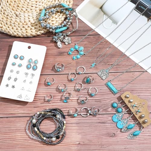 NEWITIN 20 Pieces Silver Bohemian Jewelry Set for Women Fashion Costume Jewels Turquoise Necklace Bracelet Ring Earrings Western Turquoise Jewelry Set for Women - color: Turquoise Jewelry Set D