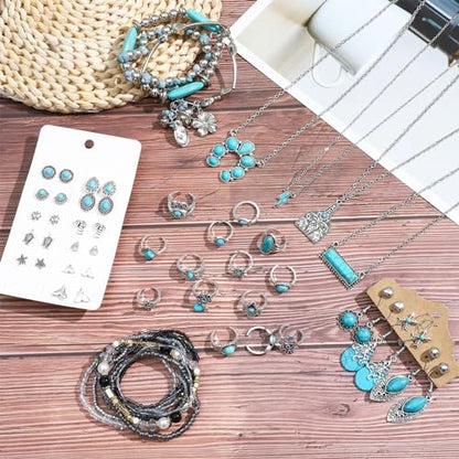 NEWITIN 20 Pieces Silver Bohemian Jewelry Set for Women Fashion Costume Jewels Turquoise Necklace Bracelet Ring Earrings Western Turquoise Jewelry Set for Women - color: Turquoise Jewelry Set D
