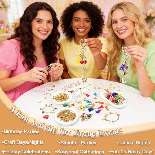 570 Pcs Keychain Making Kit, DIY Charm Making Supplies with Tassels | Enamel Charms Letter Beads, Pearl and Cherry Charm, Extender Chains, Storage Box Instruction Manual with Gift Bags, DIY Craft - size: 570pcs kit