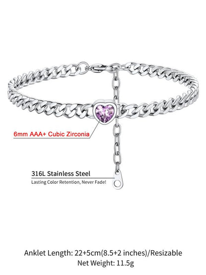 ChainsHouse Cuban Chain Anklets for Women with Heart Birthstone Jan - Dec | Stainless Steel Black Link Chain Ankle Bracelet with Birthstone, Beach Women Anklet 22cm-27cm Adjustable, with Gift Box - color: 06. Jun.-Alexandrite-Steel
