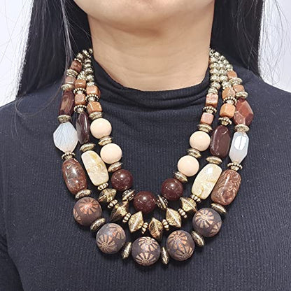 Bocar 3 Layer Chunky Statement Beaded Necklace and Earrings Set, Fashion Multi Layer Women Collar Necklace Jewelry Set - color: Brown