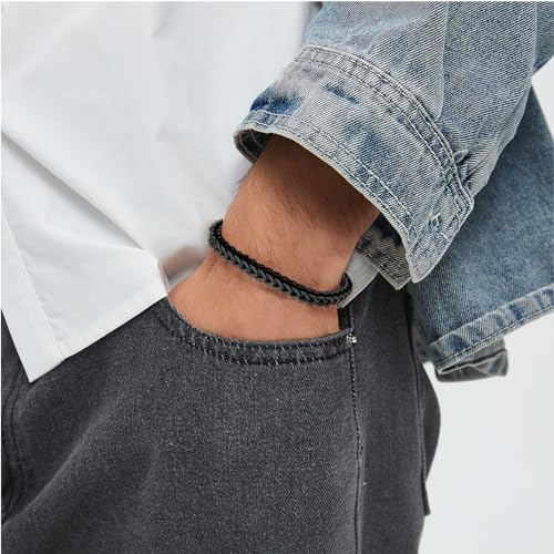18K Gold-Plated Bracelets for Men Franco Link Chain Adjustable | Stainless Steel Bracelet, Gold Beads Bracelet, Handcrafted Braided, Mens Jewelry Birthday Gift for Men - color: Black