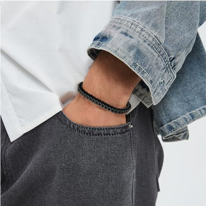 18K Gold-Plated Bracelets for Men Franco Link Chain Adjustable | Stainless Steel Bracelet, Gold Beads Bracelet, Handcrafted Braided, Mens Jewelry Birthday Gift for Men - color: Black