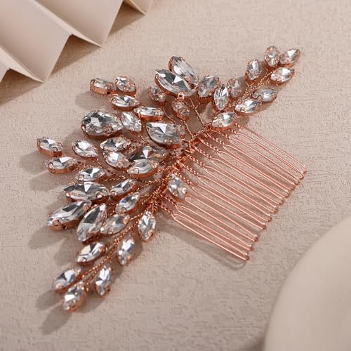 Teyglen Bridal Crystal Hair Comb Full Rhinestone Wedding Hair Comb Rose Gold Teardrop Hair Piece for Bride Wedding Hair Accessories for Women Bridal Headpiece (Rose gold) - color: Rose gold