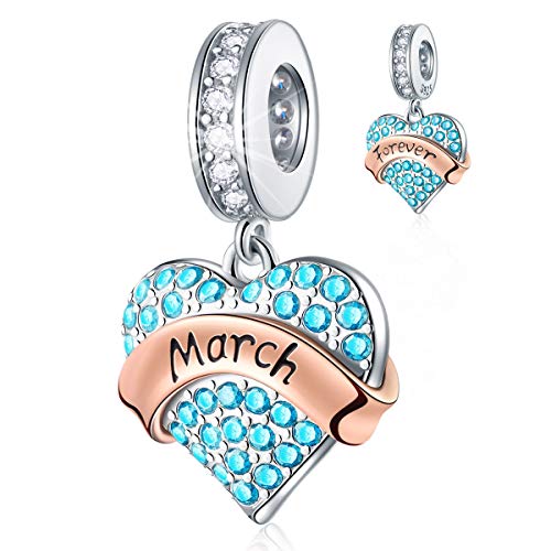 EMOSTAR Jan-Dec Birthstone Charms fits European Birthday Bracelet, Dangle 925 Sterling Silver Heart Shaped Pendant with 12 Months Birthstones, Gifts for Mom/Women - color: March Birthstone