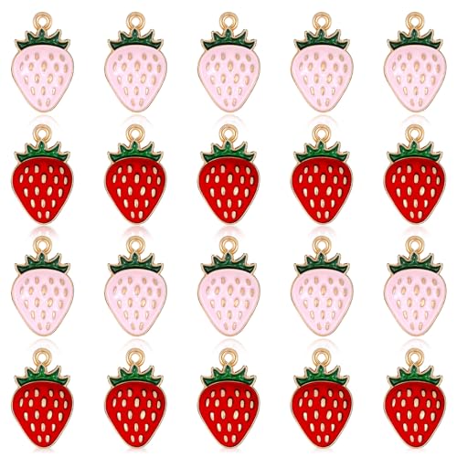 20PCS Strawberry Charm, Bulk Small Strawberry Charm, Cute Fruit Charms | Colored Pendants for Jewelry Making, Pink Red Fruit Charms for Necklace Bracelet Keychain