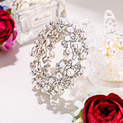 Crystal Cream Faux Pearl 1920s Vine Leaf Wedding Stretch Bracelet for Women | White Rhinestone Bridal Prom Jewelry - color: Silver-Plated-Base