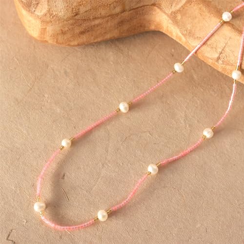 Gold Seed Beaded Necklaces for Women, Boho Handmade Adjustable Colorful Beads Choker Summer Beach Jewelry Gift. - color: Pink
