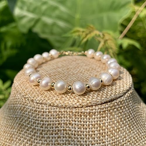 Natural White Pearl Beaded 14k Gold Filled Wire Wrapped Bracelet, Healing Birthstone Adjustable Bangle Cuff. Gift for Women