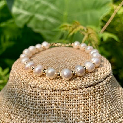 Natural White Pearl Beaded 14k Gold Filled Wire Wrapped Bracelet, Healing Birthstone Adjustable Bangle Cuff. Gift for Women