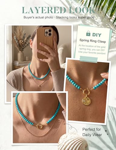 JeryWe Gemstone Beaded Necklaces for Women - Waterproof Natural Stone Handmade Choker Necklace Boho Summer Beach Jewelry, 14K Gold Plated Stainless Steel Dainty Statement Necklace Trendy Turquoise