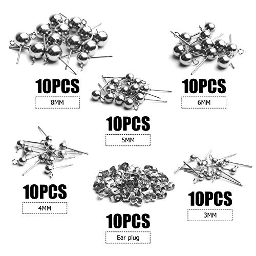 Earring Stud Findings,50pcs Stainless Steel Earring Studs Ball Post with Loop and 50pcs Butterfly Earrig Backs for Eariing Making