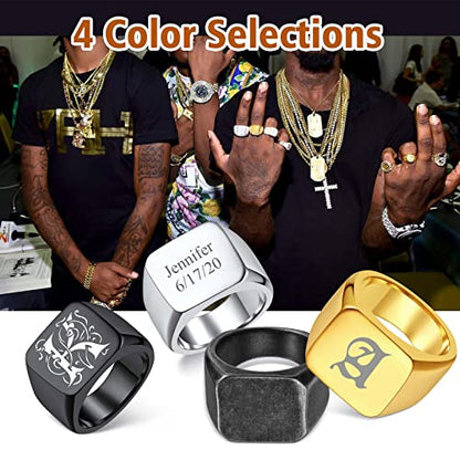 FindChic Customized Signet Photo Rings Square/Heart/Round Chunky Band Ring Stainless Steel/18K Gold Plated/Black Size 7 to 14 Personalized Jewelry for Men Women, Send Gift Box - color: 01. non-customized square (black)