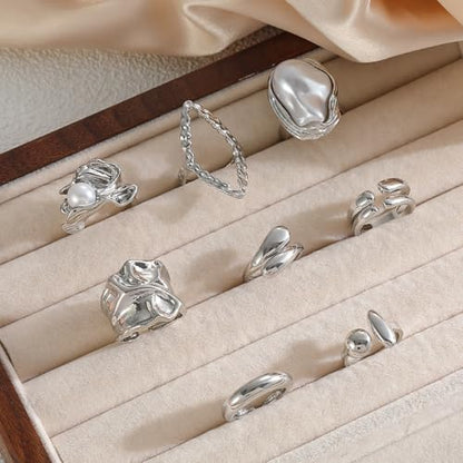 Chunky Gold Stackable Rings Set for Women Pearl Flower Rings Sets Dainty Carved Signet Joint Finger Midi Rings Pack Adjustable Chunky Knuckle Ring Statement Stacking Ring Pack - color: E-Silver-8Pcs