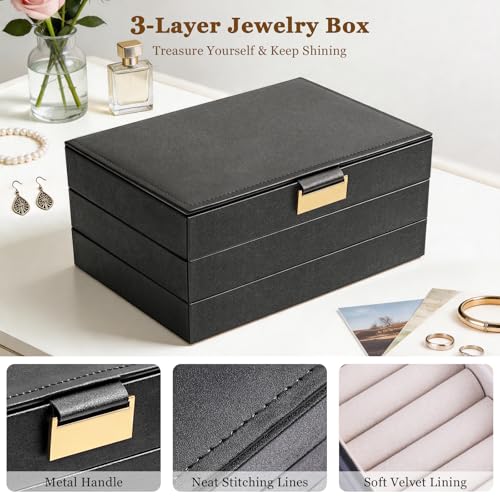 Stackable Jewelry Organizer Trays, 3-Layer jewelry drawer organizer, Perfect for Women and Girls to Store Necklaces, Rings, Bracelets, Earrings, Watches with Removable Dividers for Dresser & Vanity