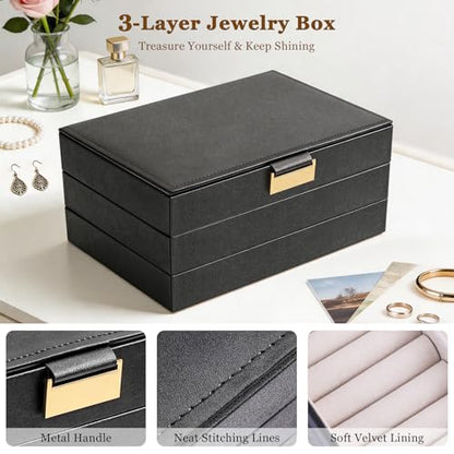 Stackable Jewelry Organizer Trays, 3-Layer jewelry drawer organizer, Perfect for Women and Girls to Store Necklaces, Rings, Bracelets, Earrings, Watches with Removable Dividers for Dresser & Vanity