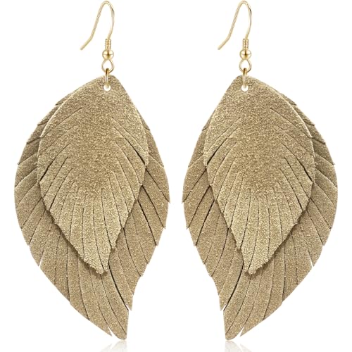 Genuine Leather Handmade Fringe Feather Lightweight Dangle Drop Earrings Teardrop Tassel Hook Earrings for Women - style: 11 Light coffee color