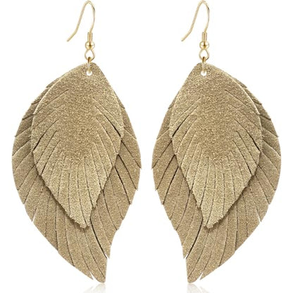 Genuine Leather Handmade Fringe Feather Lightweight Dangle Drop Earrings Teardrop Tassel Hook Earrings for Women - style: 11 Light coffee color