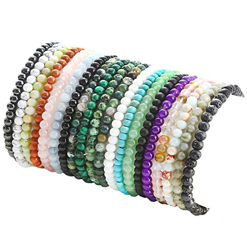 FIRAZIO 20Pcs 4mm Gemstone Beaded Bracelets for Women Mens | Crystal Stone Bracelet Stretch Mini Round Beads Elastic Bracelets Jewelry Gift