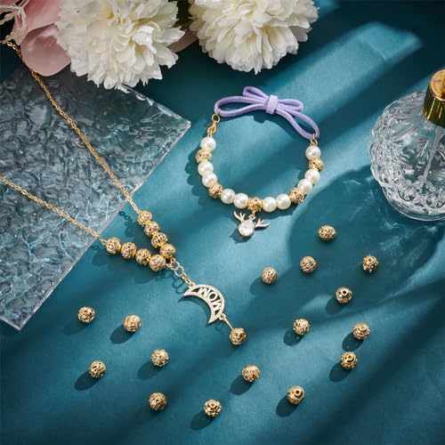 PH PandaHall 18K Gold Plated 8mm Round Spacer Beads 30pcs Hollow Loose Bead | 15 Styles, Tibetan Style, Alloy Ball Charm, for Bracelet Earring Necklace Jewelry Making,1.5~2mm Hole - size: 8mm