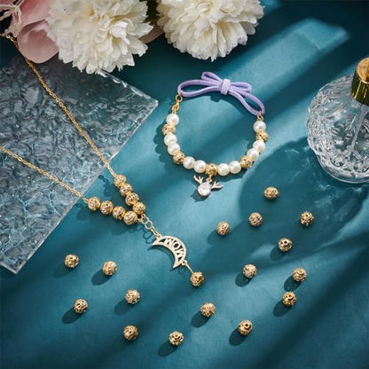 PH PandaHall 18K Gold Plated 8mm Round Spacer Beads 30pcs Hollow Loose Bead | 15 Styles, Tibetan Style, Alloy Ball Charm, for Bracelet Earring Necklace Jewelry Making,1.5~2mm Hole - size: 8mm