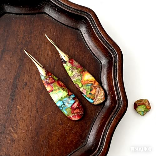 Boho Natural Imperial Jasper Teardrop Dangle Earrings for Women – Hypoallergenic French Hook Stone Drop Earrings Jewelry - color: Colorful Golden Hook #2