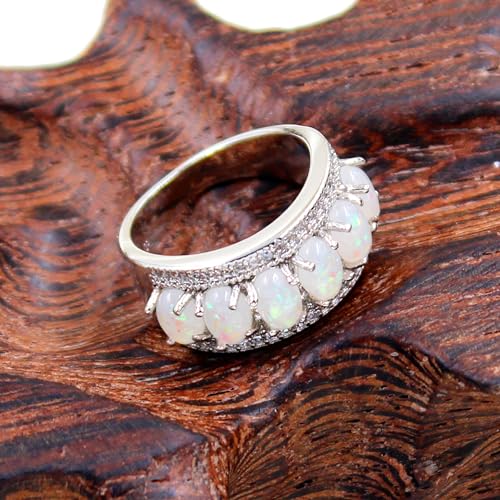Uloveido Beautiful Women's 7 Stones Wedding Band Oval Cubic Zirconia Engagement Anniversary Rings J501 - color: Platinum-Opal