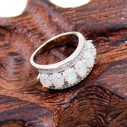 Uloveido Beautiful Women's 7 Stones Wedding Band Oval Cubic Zirconia Engagement Anniversary Rings J501 - color: Platinum-Opal