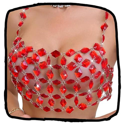 Rhinestones Body Chain Suit Silver Crystal Bikini Bra Underwear Sexy Sparkly Party Body Jewelry Accessories for Women - color: Red