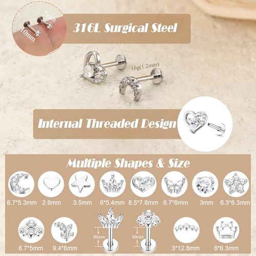 YADOCA 16G 18G Helix Flat Back Tragus Piercing Jewelry Earrings for Women | Hypoallergenic Surgical Steel Cartilage Earrings Daith Conch Medusa Nose Piercing Jewelry Gold Stud Earrings Set 6 7 8 10 MM - color: Silver, size: 18G(1.0MM)-10MM-New