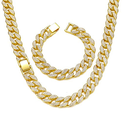 Saintda Iced Out Cuban Link Chain Necklace Bracelet Set for Men | 14mm Cuban Link Necklace Bracelet Jewelry Set Diamond Iced Out Mens Bling Thick Necklaces Chains - color: Gold-W:15MM-THK:3MM, size: 18inch