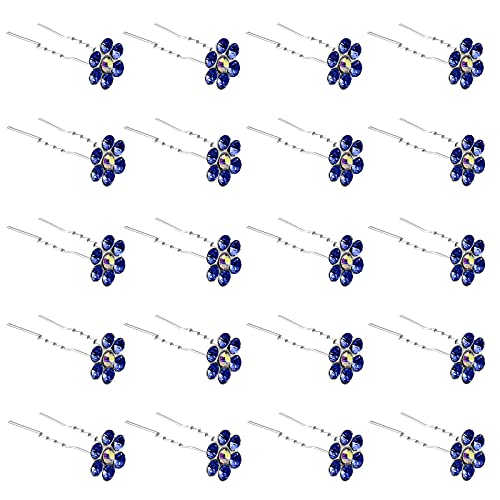 QIUTIMIY 20 Pack (Navy) Crystal Flower Hair Pins Rhinestone Hair Clips for Bridal Wedding Women Hair Jewelry Accessories, with Clear Container - color: Crystal Flower-Navy