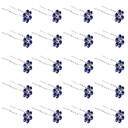 QIUTIMIY 20 Pack (Navy) Crystal Flower Hair Pins Rhinestone Hair Clips for Bridal Wedding Women Hair Jewelry Accessories, with Clear Container - color: Crystal Flower-Navy