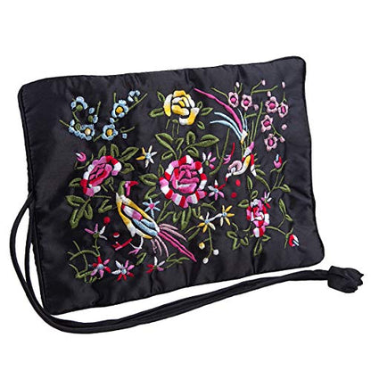 TUMBEELLUWA Embroidery Travel Jewelry Bag Roll Embroidered Flower and Bird Brocade Organizer with Tie Close - color: #3 Black