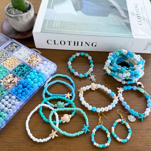 1960Pcs Ocean Beads for Bracelets Making Kit, Blue and White Summer Beach Bead for Jewelry Making, Sea Turtle Seashell Starfish Shape Beads 8mm Round Seed Bead for DIY Craft Bracelets Earring - color: Blue+white