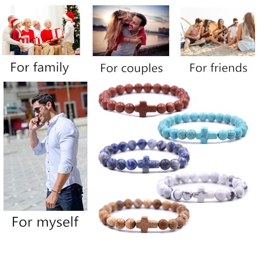 Beaded Bracelets Cross Bracelet for Women Men Lava Rock Turquoise Tiger Eye Natural Bracelet Anxiety Healing - color: 5Pcs-coloured cross