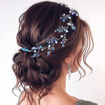 Bride Wedding Hair Vine Blue Rhinestones Bridal Hair Accessories Beaded Headband Hair Piece for Women and Girls (27.5 Inches) - color: Silver