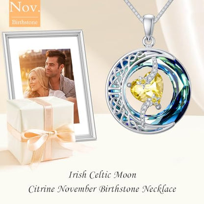 TOUPOP Birthstone Necklace Women Sterling Silver Moon Star Birthday Jewelry | Celtic Moon Pendant with Blue Crystal Anniversary Christmas Jewelry Gifts for Wife Mom Her - color: A-11-Citrine