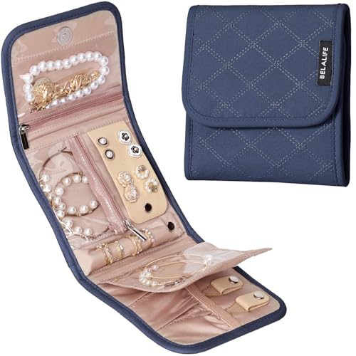 BELALIFE Travel Jewelry Case, Jewelry Organizer Roll for Accessories | Bag with foldable roll design for earrings, necklaces, rings, bracelets and brooches,Blue-Grey - color: Blue-Gray, size: Small