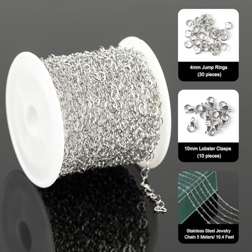 UMAOKANG 16.4 Feet Heart Chain for Jewelry Making Stainless Steel Heart Link Chains Bulk with Jump Rings and Lobster Clasps - color: Steel Heart