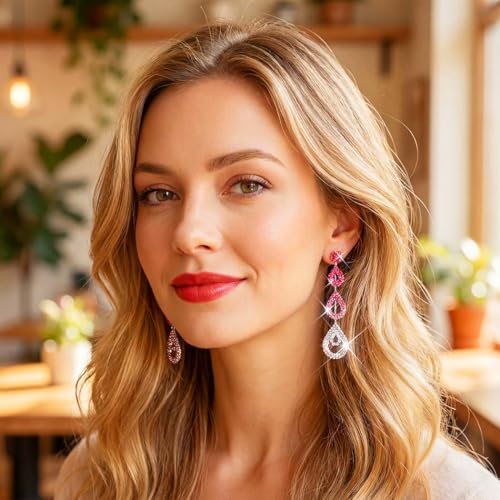 Catery Long Rhinestone Earrings Silver Pageant Earrings Dangling for Women Wedding - color: Hot Pink