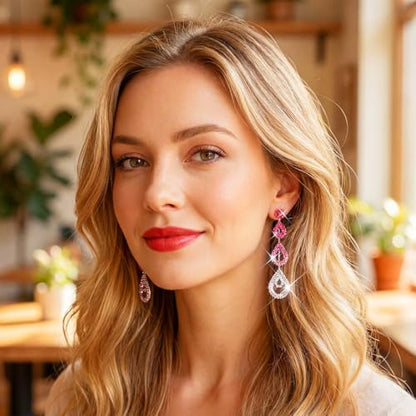 Catery Long Rhinestone Earrings Silver Pageant Earrings Dangling for Women Wedding - color: Hot Pink