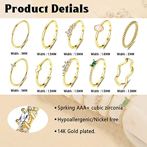 Fansilver 10PCS Stackable Gold Rings for Women Non Tarnish, 14K Gold Plated Dainty Cubic Zirconia Ring Set, Opal Emerald Heart Stacking Band Thumb Knuckle Rings Size 5-11