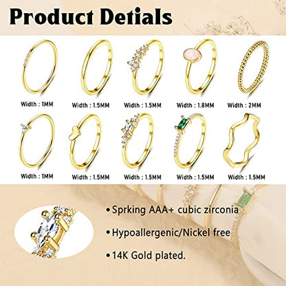 Fansilver 10PCS Stackable Gold Rings for Women Non Tarnish, 14K Gold Plated Dainty Cubic Zirconia Ring Set, Opal Emerald Heart Stacking Band Thumb Knuckle Rings Size 5-11