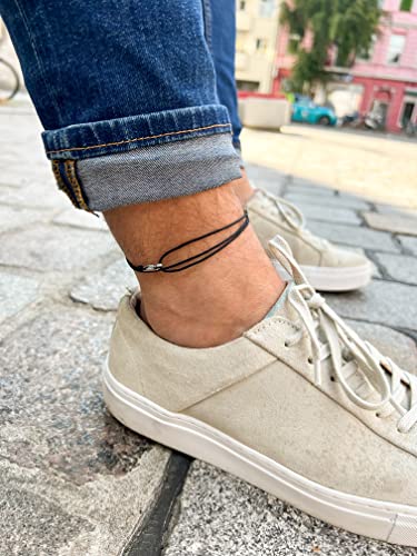 Made by Nami Surfer Anklet with Snap Hook Clasp Waterproof & Adjustable Thin String Ankle Bracelets for Women and Men Handmade Jewelry for Beach and Music Festival Accessories - color: Black Silver