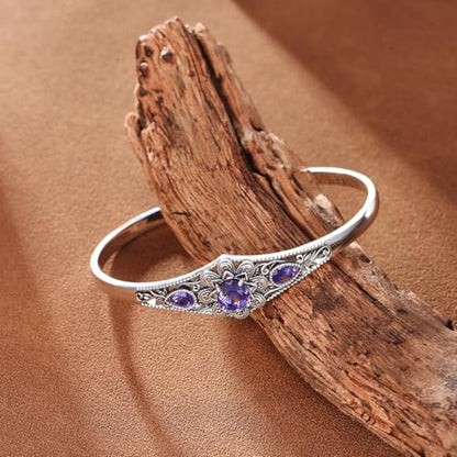 Genuine Amethyst Cuff Bracelet, 925 Sterling Silver Vintage Filigree Engraved Open Bangle Purple Gemstone Boho Jewelry February Birthstone Gift for Women - style: Style A