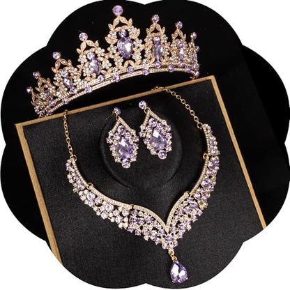 Crowns and Tiaras jewelry sets for Wedding princess birthday party Halloween Prom Pageant Jewelry for Women Crystal Bridal Jewelry Set for women - color: Gold Purple
